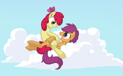 Size: 2478x1525 | Tagged: safe, artist:tenchi-outsuno, character:apple bloom, character:scootaloo, ship:scootabloom, cloud, female, lesbian, older, shipping