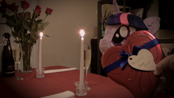 Size: 1920x1080 | Tagged: safe, artist:plushwaifus, photographer:corpulentbrony, /mlp/, episode:hearts and hooves day, g4, my little pony: friendship is magic, 4chan, anonymous, candle, candlelight, champagne, chocolate, chocolates, corpulent brony, flower, food, irl, life size, photo, plushie, present, rose, valentine, valentine's day, waifu, waifu dinner