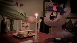 Size: 1920x1080 | Tagged: safe, artist:plushwaifus, photographer:corpulentbrony, /mlp/, episode:hearts and hooves day, g4, my little pony: friendship is magic, 4chan, candle, candlelight, champagne, chocolate, chocolates, corpulent brony, feeding, flower, food, irl, life size, meme, photo, plushie, present, rose, salad, valentine, valentine's day, valentine's day card, waifu, waifu dinner