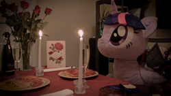 Size: 1920x1080 | Tagged: safe, artist:plushwaifus, photographer:corpulentbrony, /mlp/, episode:hearts and hooves day, g4, my little pony: friendship is magic, 4chan, candle, candlelight, champagne, chocolate, chocolates, corpulent brony, flower, food, irl, life size, pasta, photo, plushie, present, rose, salad, spaghetti, spaghetti scene, valentine, valentine's day, valentine's day card, waifu, waifu dinner