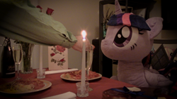 Size: 1920x1080 | Tagged: safe, artist:plushwaifus, photographer:corpulentbrony, /mlp/, episode:hearts and hooves day, g4, my little pony: friendship is magic, 4chan, candle, candlelight, champagne, chocolate, chocolates, corpulent brony, feeding, feeding ponies, flower, food, irl, life size, pasta, photo, plushie, present, rose, spaghetti, spaghetti scene, valentine, valentine's day, valentine's day card, waifu, waifu dinner