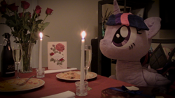 Size: 1920x1080 | Tagged: safe, artist:plushwaifus, photographer:corpulentbrony, /mlp/, episode:hearts and hooves day, g4, my little pony: friendship is magic, 4chan, candle, candlelight, champagne, chocolate, chocolates, corpulent brony, flower, food, forever alone, irl, life size, meme, pasta, photo, plushie, present, rose, spaghetti, spaghetti scene, valentine, valentine's day, valentine's day card, waifu, waifu dinner
