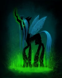 Size: 800x1000 | Tagged: dead source, safe, artist:laurenmagpie, character:queen chrysalis, species:changeling, changeling queen, female, glowing horn, solo