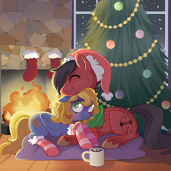 Size: 900x900 | Tagged: safe, artist:parfywarfy, oc, oc only, episode:hearth's warming eve, g4, my little pony: friendship is magic, clothing, female, fireplace, male, oc x oc, shipping, socks, straight, striped socks