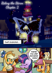 Size: 1024x1448 | Tagged: safe, artist:martinhello, character:applejack, character:scootaloo, character:twilight sparkle, oc, comic:riding the storm, alcohol, cider, comic, drunk, drunk aj, drunk twilight, food, night, sugarcube corner