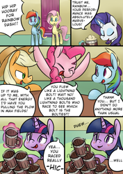 Size: 940x1329 | Tagged: safe, artist:martinhello, character:applejack, character:fluttershy, character:pinkie pie, character:rainbow dash, character:rarity, character:twilight sparkle, comic:riding the storm, alcohol, cider, comic, drunk, drunk twilight, food, sugarcube corner
