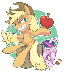 Size: 800x900 | Tagged: safe, artist:gashi-gashi, character:applejack, character:twilight sparkle, apple, appul, duo, eating, female, food, grin, obligatory apple, semi-anthro, smiling