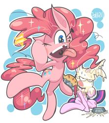 Size: 800x900 | Tagged: safe, artist:gashi-gashi, character:pinkie pie, character:twilight sparkle, abstract background, duo, female, one eye closed, pie, pied, semi-anthro, wink