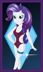Size: 2489x4100 | Tagged: safe, artist:rexpony, character:rarity, my little pony:equestria girls, beautiful, bedroom eyes, blue eyes, blue eyeshadow, breasts, cleavage, clothing, cute, eyeshadow, female, legs, makeup, one-piece swimsuit, open-back swimsuit, purple hair, raribetes, solo, swimsuit, woman