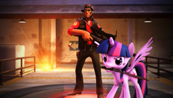 Size: 3840x2160 | Tagged: safe, artist:funsketch, character:twilight sparkle, character:twilight sparkle (alicorn), species:alicorn, species:human, species:pony, 3d, angry, blade, crossover, cutie mark, explosion, female, glasses, gun, hooves, horn, knife, mare, optical sight, rifle, sniper, sniper rifle, source filmmaker, sunglasses, team fortress 2, weapon, wings