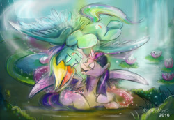 Size: 1024x704 | Tagged: safe, artist:mad--munchkin, character:rainbow dash, character:twilight sparkle, character:twilight sparkle (alicorn), species:alicorn, species:pony, eyes closed, female, flying, mare, pond, prone, tongue out, upside down, waterfall, waterlily, watermark