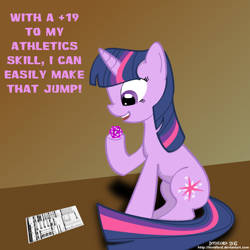 Size: 1000x1000 | Tagged: safe, artist:invidlord, character:twilight sparkle, character:twilight sparkle (unicorn), species:pony, species:unicorn, dialogue, dice, female, looking down, mare, pen and paper rpg, sitting, solo
