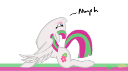 Size: 2000x1115 | Tagged: safe, artist:laserbiskit, character:blossomforth, blushing, chest fluff, contortionist, dialogue, female, flexible, scrunchy face, simple background, solo, stretch, that pony sure is flexible, white background