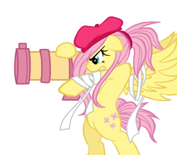 Size: 400x350 | Tagged: safe, artist:oathkeeper21, character:fluttershy, species:pony, alternate hairstyle, badass, beret, bipedal, cannon, clothing, female, flutterbadass, hat, ponytail, rocket launcher, solo, weapon