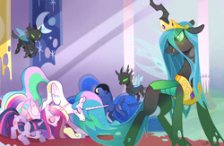 Size: 900x585 | Tagged: safe, artist:parfywarfy, character:princess cadance, character:princess celestia, character:princess luna, character:queen chrysalis, character:twilight sparkle, character:twilight sparkle (alicorn), species:alicorn, species:changeling, species:pony, accessory theft, bad end, bowing, celestia's crown, changeling queen, crown, face down ass up, female, mare, missing accessory, peytral, regalia, the bad guy wins