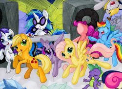 Size: 1024x744 | Tagged: safe, artist:jenkiwi, character:applejack, character:bon bon, character:derpy hooves, character:dj pon-3, character:fluttershy, character:lyra heartstrings, character:pinkie pie, character:rainbow dash, character:rarity, character:spike, character:sweetie drops, character:trixie, character:twilight sparkle, character:twilight sparkle (alicorn), character:vinyl scratch, species:alicorn, species:bird, species:dragon, species:earth pony, species:pegasus, species:pony, species:unicorn, dancing, female, kiwi, male, mane seven, mane six, mare, speakers, traditional art, turntable