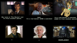 Size: 1920x1080 | Tagged: safe, artist:szinthom, character:doctor whooves, character:time turner, back to the future, back to the future reference, dalek, david tennant, doc brown, doctor, doctor who, funny, meme, parody, tardis, text