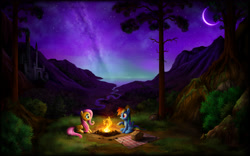 Size: 3466x2160 | Tagged: safe, artist:empalu, character:fluttershy, character:rainbow dash, campfire, castle, crescent moon, galaxy, milky way galaxy, moon, night, picnic, scenery, stars