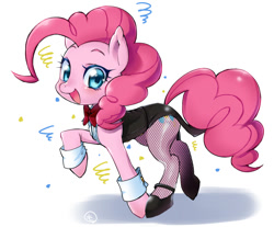 Size: 797x660 | Tagged: safe, artist:mococo, character:pinkie pie, species:earth pony, species:pony, bow, bow tie, clothing, confetti, female, fishnet pantyhose, fishnets, happy, high heels, mare, open mouth, pantyhose, raised hoof, shadow, shoes, simple background, solo, wrist cuffs