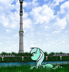 Size: 5724x6000 | Tagged: safe, artist:subway777, character:lyra heartstrings, species:pony, species:unicorn, absurd resolution, female, grass, monorail, moscow, ostankino tower, pond, prone, railroad, russia, smiling, solo, tower, train