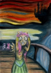 Size: 2448x3464 | Tagged: safe, artist:anthropony, artist:sonar-doll, character:fluttershy, character:pinkie pie, character:twilight sparkle, anxiety, fine art parody, parody, pastel, the scream, traditional art