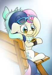 Size: 1561x2259 | Tagged: safe, artist:ethaes, character:bon bon, character:lyra heartstrings, character:sweetie drops, species:earth pony, species:pony, species:unicorn, ship:lyrabon, bench, bon bond, clock, clothing, female, glasses, lesbian, scarf, shipping, sitting, the division, tom clancy's the division