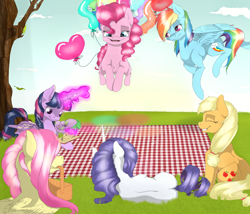 Size: 1024x877 | Tagged: safe, artist:doodle-28, character:applejack, character:fluttershy, character:pinkie pie, character:rainbow dash, character:rarity, character:spike, character:twilight sparkle, character:twilight sparkle (alicorn), species:alicorn, species:pony, balloon, book, female, floating, flying, grin, magic, mane seven, mane six, mare, mouth hold, picnic, picnic basket, picnic blanket, telekinesis, then watch her balloons lift her up to the sky