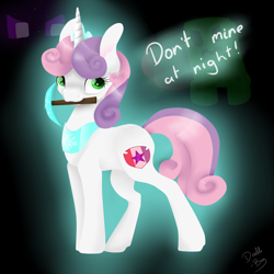 Size: 1024x1024 | Tagged: safe, artist:doodle-28, character:sweetie belle, cutie mark, don't mine at night, female, minecraft, mouth hold, pickaxe, solo, the cmc's cutie marks