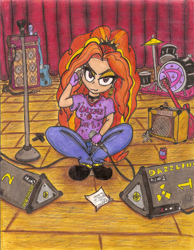 Size: 1700x2192 | Tagged: safe, artist:artponymdp, character:adagio dazzle, my little pony:equestria girls, :3, >:3, drums, female, guitar, microphone, sitting, solo, traditional art