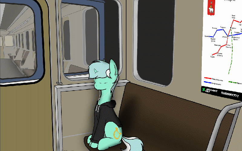 Size: 800x500 | Tagged: safe, artist:subway777, character:lyra heartstrings, species:pony, species:unicorn, fanfic:background pony, 81-717/714, animated, clothing, dig the swell hoodie, female, headphones, hoodie, mare, metro, ponies riding trains, russia, russian, sitting, sleeping, solo, subway, the ride never ends, train
