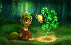 Size: 1920x1210 | Tagged: safe, artist:empalu, species:earth pony, species:pony, amalia, clothing, cute, earth pony magic, featured on derpibooru, female, flower, fluffy, forest, grass, grin, looking up, magic, magic circle, mare, nature, ponified, raised hoof, raised leg, scenery, sitting, smiling, solo, tree, wakfu