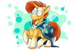 Size: 1349x883 | Tagged: safe, artist:ihasjessie-kat, character:sunburst, species:pony, species:unicorn, abstract background, chest fluff, chin fluff, cloak, clothing, cute, ear fluff, facial hair, floppy ears, frown, glasses, goatee, hoof fluff, male, no catchlights, no pupils, open mouth, raised hoof, solo, stallion, sunbetes, surprised, unshorn fetlocks