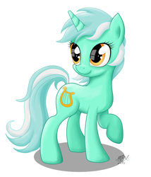 Size: 1680x1960 | Tagged: safe, artist:nighty, character:lyra heartstrings, species:pony, species:unicorn, female, raised hoof, simple background, smiling, solo, standing, white background