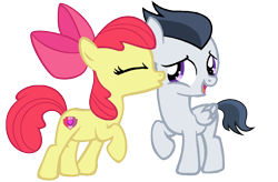 Size: 1078x708 | Tagged: safe, artist:rozyfly10, character:apple bloom, character:rumble, species:earth pony, species:pegasus, species:pony, backwards cutie mark, cutie mark, eyes closed, female, filly, kissing, kissy face, love, male, raised hoof, rumbloom, shipping, simple background, straight, the cmc's cutie marks, transparent background
