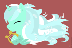 Size: 1500x1014 | Tagged: safe, artist:raygirl, character:lyra heartstrings, species:pony, species:unicorn, bow, bust, eyes closed, female, harp, horn, lineless, long mane, mare, musical instrument, portrait, profile, simple background, smiling, solo