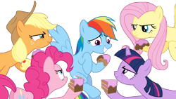 Size: 8192x4608 | Tagged: safe, artist:kiowa213, character:applejack, character:fluttershy, character:pinkie pie, character:rainbow dash, character:twilight sparkle, character:twilight sparkle (unicorn), species:earth pony, species:pegasus, species:pony, species:unicorn, episode:sweet and elite, g4, my little pony: friendship is magic, absurd resolution, bad poker face, cake, evil grin, female, food, imminent cake fight, mare, simple background, smiling, transparent background, vector