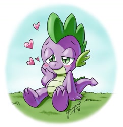 Size: 1271x1315 | Tagged: safe, artist:chibi-jen-hen, character:spike, species:dragon, baby, baby dragon, blushing, cute, eyebrows, grass, green eyes, heart, implied shipping, male, signature, sitting, spikabetes, touching face