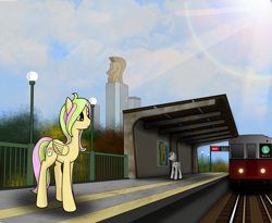 Size: 2400x1966 | Tagged: safe, artist:subway777, oc, oc only, oc:mollydv, unnamed oc, species:earth pony, species:pegasus, species:pony, city, cityscape, crystaller building, female, lens flare, manehattan, mare, metro, subway, train