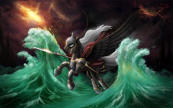 Size: 1920x1200 | Tagged: safe, artist:empalu, oc, oc only, armor, cape, clothing, epic, flying, gritted teeth, lightning, ocean, solo, spear, stormcloud, sword, wave, weapon