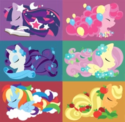 Size: 1800x1755 | Tagged: safe, artist:raygirl, character:applejack, character:fluttershy, character:pinkie pie, character:rainbow dash, character:rarity, character:twilight sparkle, species:earth pony, species:pegasus, species:pony, species:unicorn, apple, balloon, book, bust, candy, cloud, eyes closed, female, floppy ears, food, hooves, horn, lineless, mane six, mare, portrait, profile, quill, stars, wings