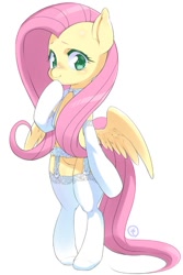 Size: 544x813 | Tagged: safe, artist:mococo, character:fluttershy, species:pegasus, species:pony, bipedal, blushing, butt wings, clothing, cute, female, garter belt, hoof on chin, lingerie, looking at you, looking sideways, mare, shyabetes, simple background, solo, spread wings, stockings, thigh highs, white background, wings
