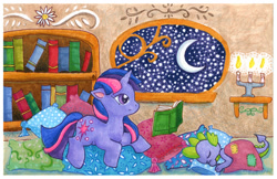 Size: 1200x777 | Tagged: safe, artist:kaikaku, character:spike, character:twilight sparkle, character:twilight sparkle (unicorn), species:dragon, species:pony, species:unicorn, baby, baby dragon, blanket, book, bookshelf, candle, crescent moon, cute, cutie mark, female, fire, male, mama twilight, mare, markers, moon, night, night sky, pillow, signature, sky, spikabetes, spikelove, traditional art, twiabetes
