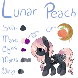Size: 1024x1024 | Tagged: safe, artist:rubyblossomva, oc, oc only, oc:lunar peach, species:pegasus, species:pony, colored wings, gradient wings, markings, ponytail, reference sheet, solo