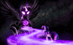 Size: 1920x1200 | Tagged: safe, artist:empalu, character:twilight sparkle, character:twilight sparkle (alicorn), character:twilight sparkle (unicorn), species:alicorn, species:pony, species:unicorn, apotheosis, ascension, avatar state, avatar the last airbender, enlightenment, female, glowing eyes, mare, ponidox, self ponidox, space, spread wings, stars, surreal, wings
