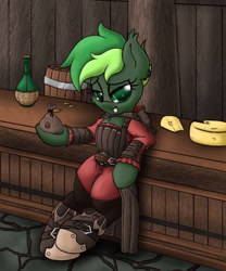 Size: 1280x1535 | Tagged: safe, artist:elppa, oc, oc only, oc:jaded nights, species:bat pony, species:pony, alcohol, cheese, clothing, costume, crossover, food, green eyes, rogue, skyrim, solo, tavern, the elder scrolls, wine