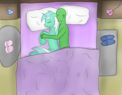 Size: 1500x1166 | Tagged: safe, artist:laserbiskit, character:lyra heartstrings, oc, oc:anon, species:human, bed, bird's eye view, blanket, clothing, cuddling, eyes closed, floppy ears, human on pony snuggling, lamp, pillow, sleeping, slippers, smiling, snuggling, spooning, top down, topless