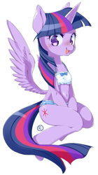 Size: 441x787 | Tagged: safe, artist:mococo, character:twilight sparkle, character:twilight sparkle (alicorn), species:alicorn, species:pony, belly button, blushing, bra, bra on pony, butt wings, clothing, crop top bra, female, mare, midriff, panties, ribbon, semi-anthro, simple background, solo, striped underwear, underwear, white background, white underwear
