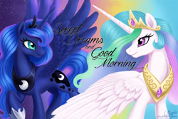 Size: 1600x1067 | Tagged: safe, artist:laurenmagpie, character:princess celestia, character:princess luna, species:alicorn, species:pony, duo, raised hoof, smiling, spread wings, wings