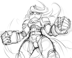 Size: 1280x1024 | Tagged: safe, artist:mod-of-chaos, character:lyra heartstrings, species:anthro, armor, crossover, female, monochrome, power armor, power fist, powered exoskeleton, sketch, solo, warhammer (game), warhammer 40k