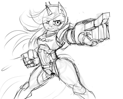 Size: 1280x1024 | Tagged: safe, artist:mod-of-chaos, character:lyra heartstrings, species:anthro, armor, crossover, female, monochrome, power armor, power fist, powered exoskeleton, sketch, solo, warhammer (game), warhammer 40k